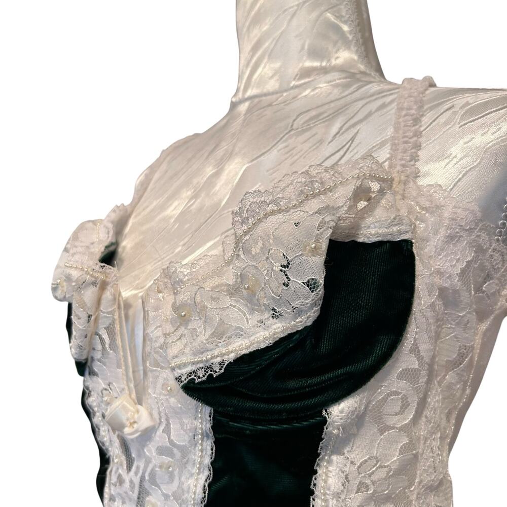 Vintage Green Velvet White Lace Body Suit Womens Sz Medium Goth Romance Coquette - Picture 11 of 16
